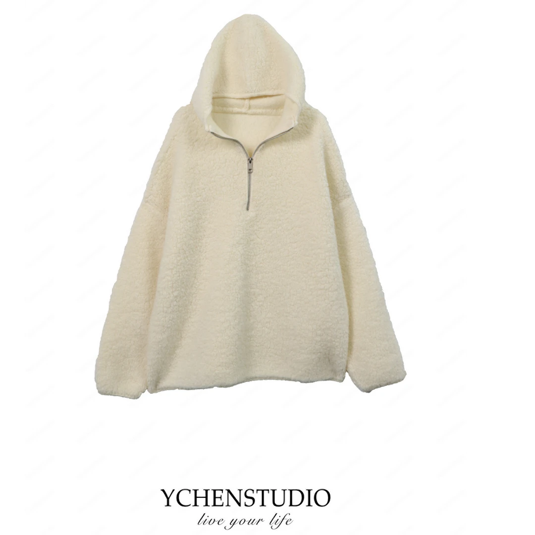 YCHENSTUDIO【皑皑】秋冬新款柔软初雪连帽半拉链卫衣XL54026