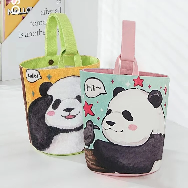 可爱熊猫手拎水桶包清新文艺大容量女手提帆布包便当外出收纳包包
