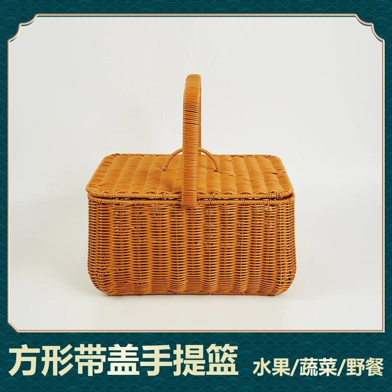 NW084带盖野餐篮39*29*41纯藤编仿藤方形野餐收纳框家用水果手工
