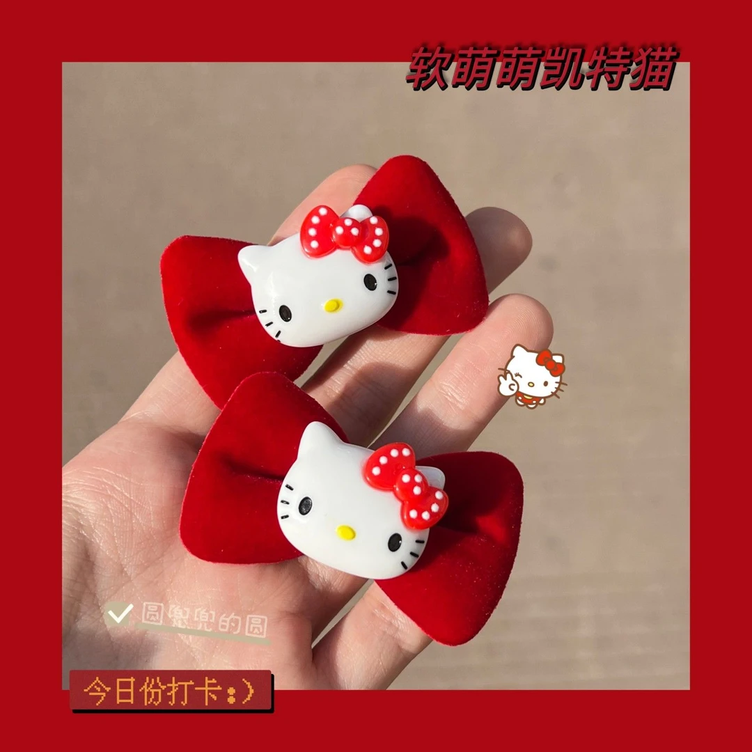 新年红色蝴蝶结kt猫发夹秋冬可爱猫咪发夹ins甜美学生刘海夹发饰