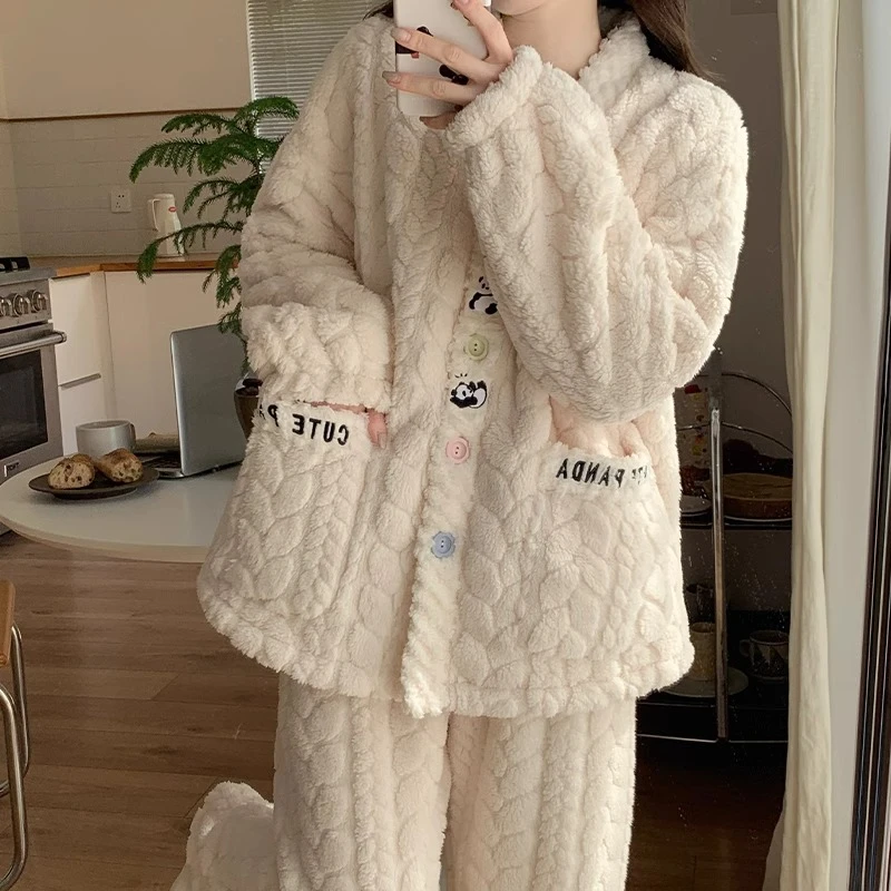 珊瑚绒睡衣女秋冬季加厚加绒甜美简约可外穿冬天法兰绒家居服套装