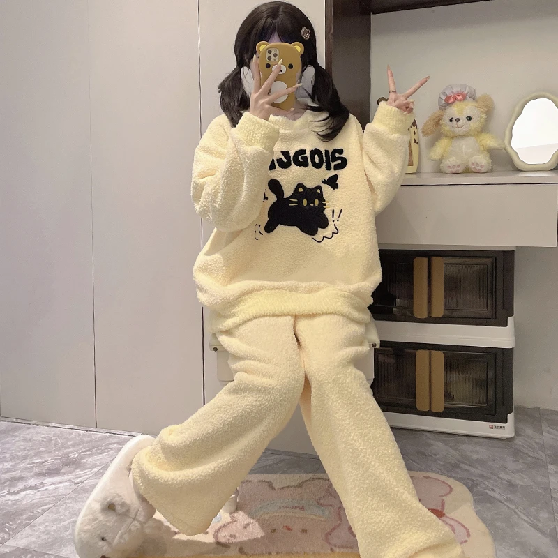 半边绒睡衣女款秋冬季加厚保暖可爱卡通韩版宽松冬天珊瑚绒家居服