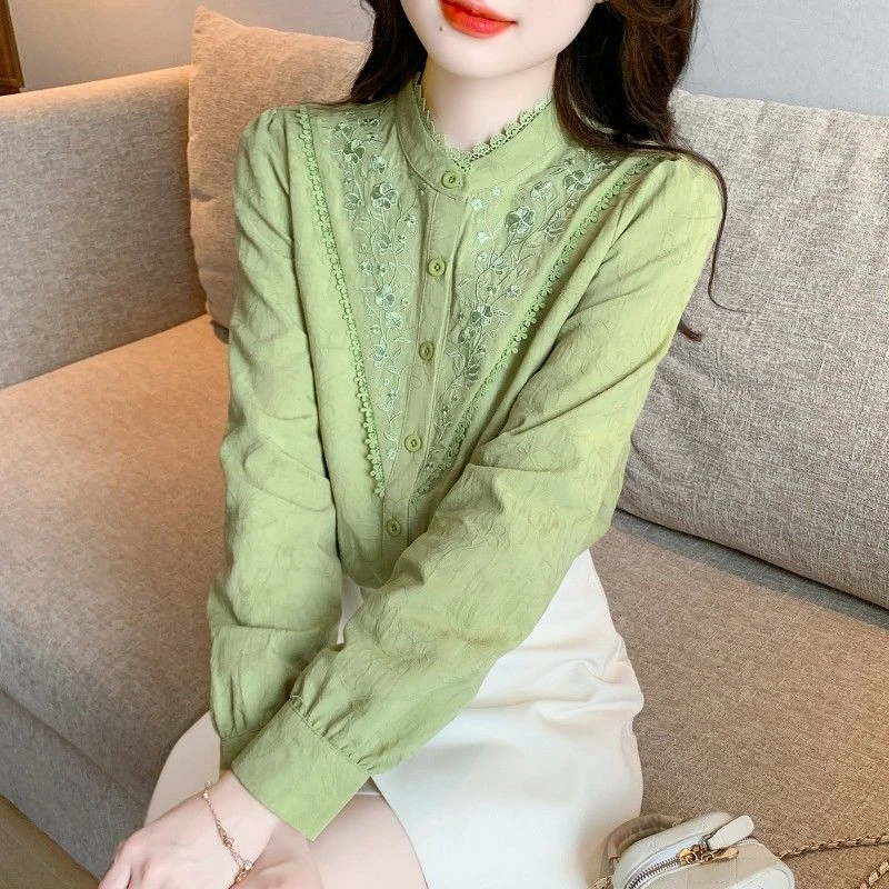 品质春夏季2025新款女装刺绣纯棉衬衫女洋气全棉长袖时尚减龄上衣