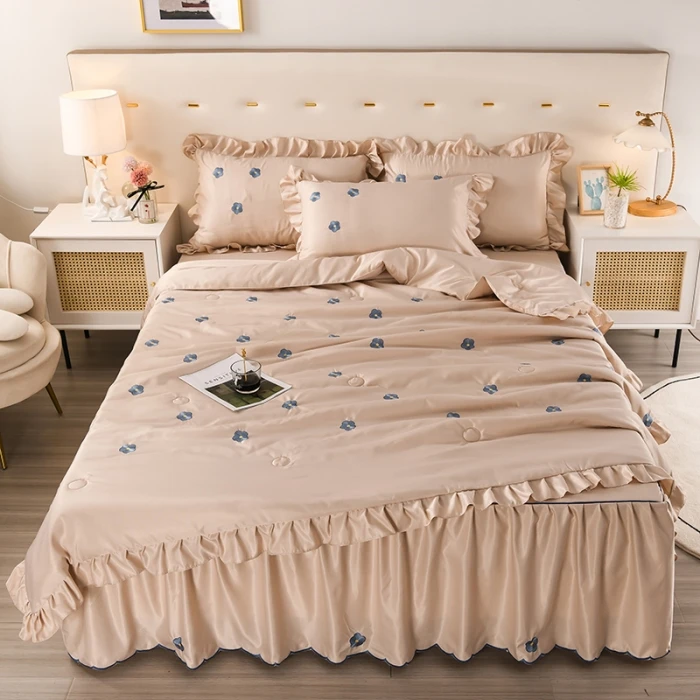 夏被四件套床裙式公主风凉感绣花空调被冰丝床单床笠款夏季薄被韩