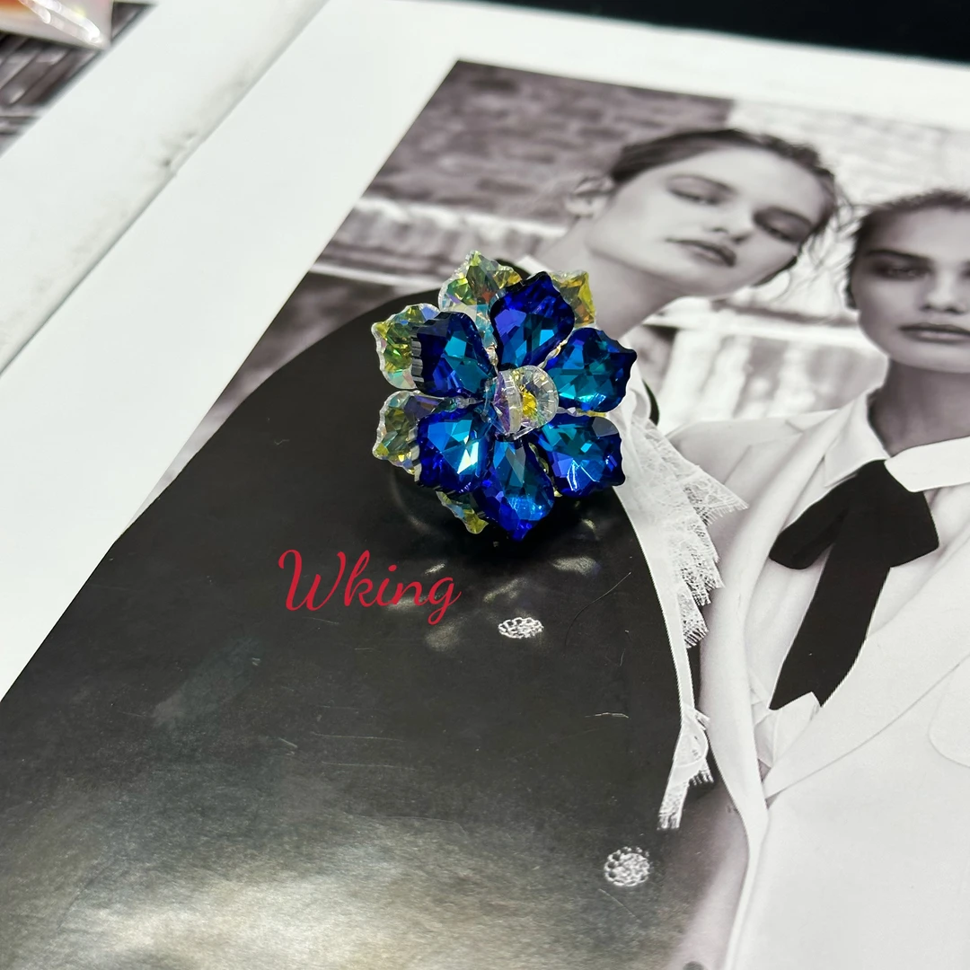 铜合金仿水晶戒指 王大嘴原创 “蓝花”奢华深蓝晶花朵开口戒指A800