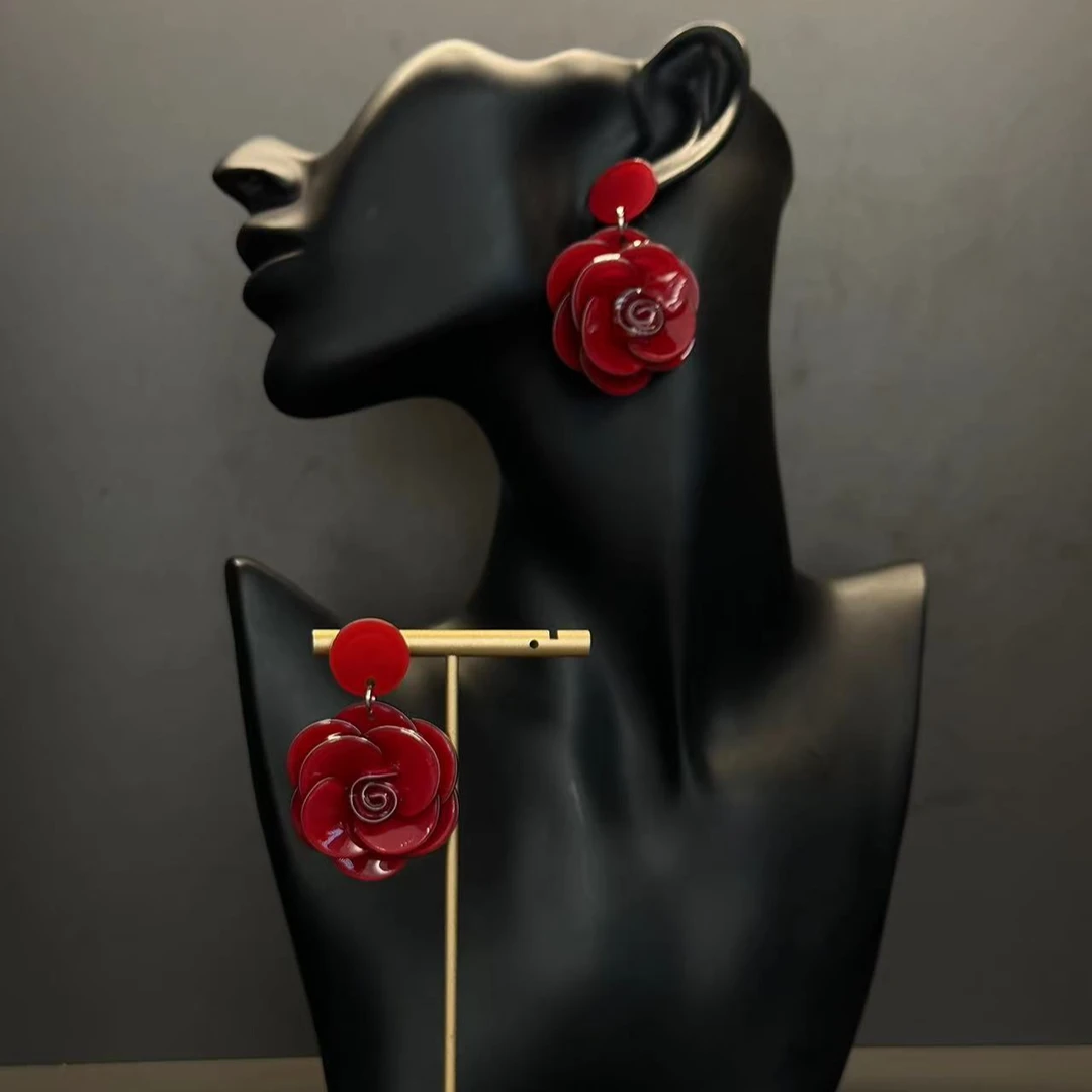 铜合金亚克力耳饰 王大嘴原创 法式优雅酒红立体红玫瑰耳钉A349