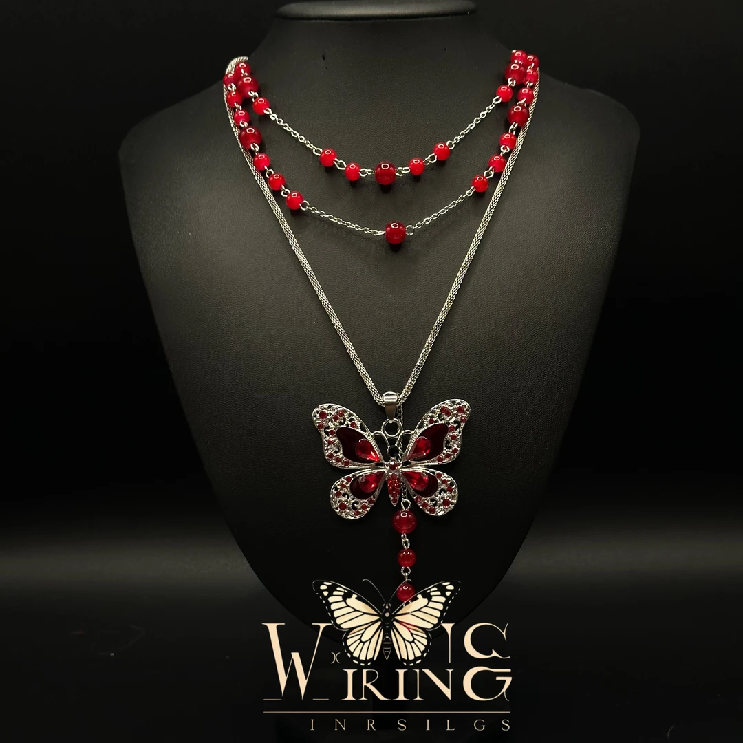 铜合金玻璃项链 王大嘴原创 “红珠蝴蝶”红钻蝴蝶串珠三层项链A859