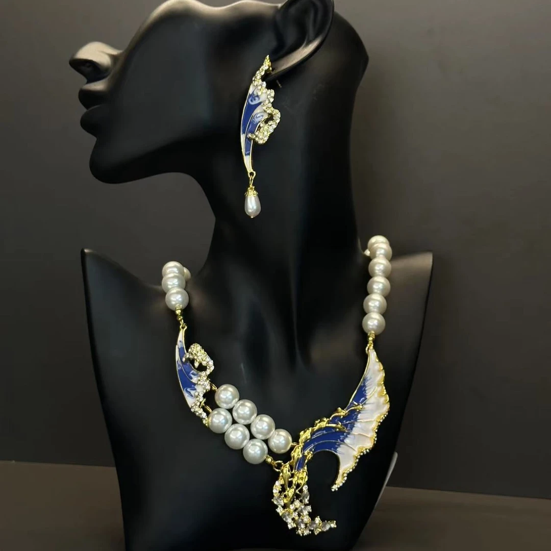 铜合金仿珍珠项链 原创设计师款 海浪滴釉满钻珠珠耳钉项链A024