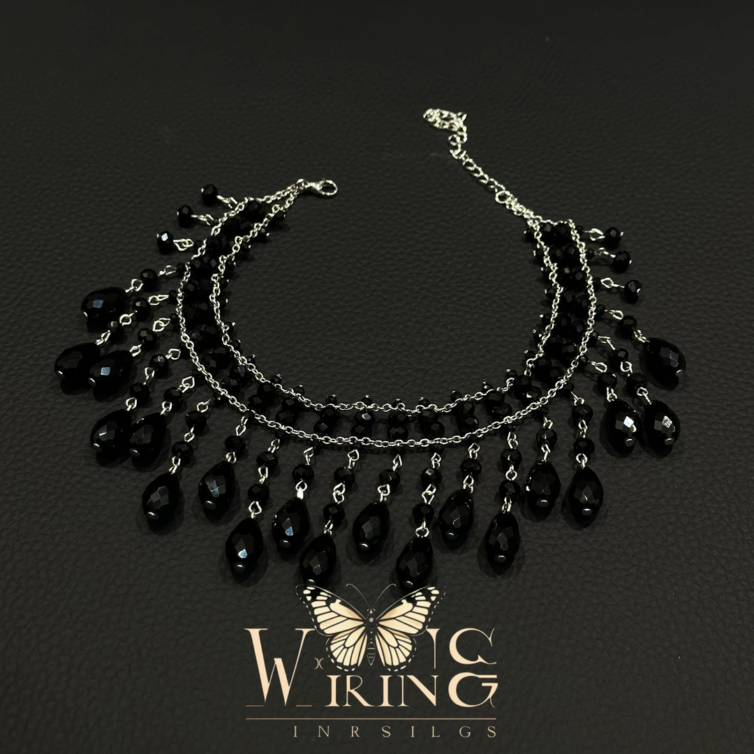 铜合金仿水晶项链 王大嘴原创 “黑晶水滴”奢华手工双层项链A868