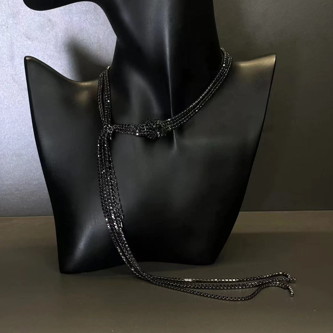 铜合金项链 王大嘴原创 欧美黑色满钻打结两戴款choker项链A495