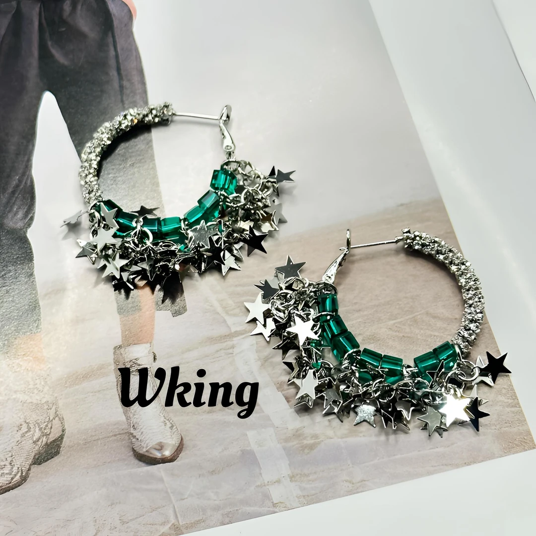 黄铜锆石耳饰 王大嘴原创 “绿色星空”奢华全锆五角星流苏耳圈A441