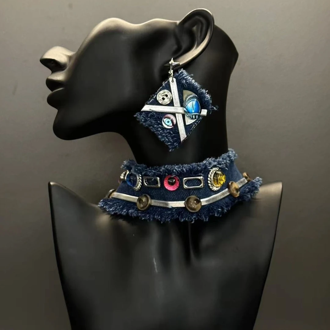 铜合金布艺项链 原创设计师款 恶魔之眼宽牛仔耳钉项链套装A469