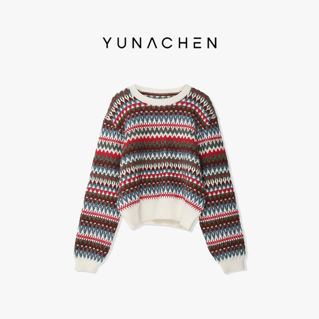 YUNACHEN现货【彤婷】K29秋冬复古宽松圆领条纹套头针织衫196-LM063