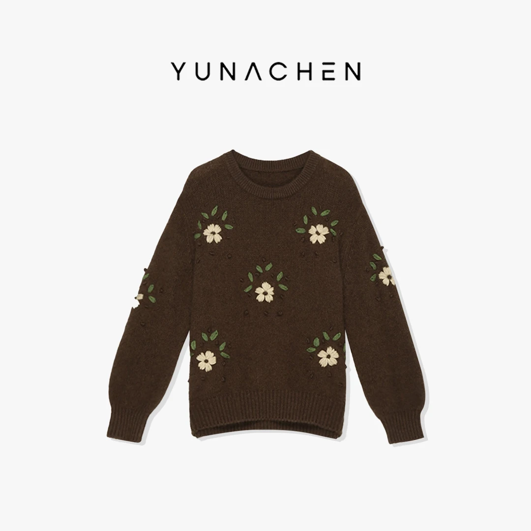 YUNACHEN现货【散落】J17时尚宽松秋冬复古印花圆领休闲毛衣108-611