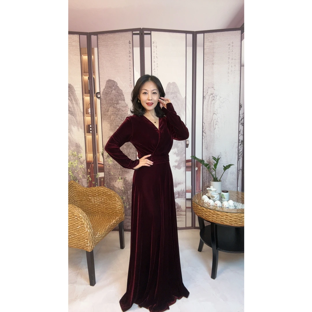 Amy定制高端丝绒连衣裙新款年会轻奢显气质晚礼服高级感长裙A329