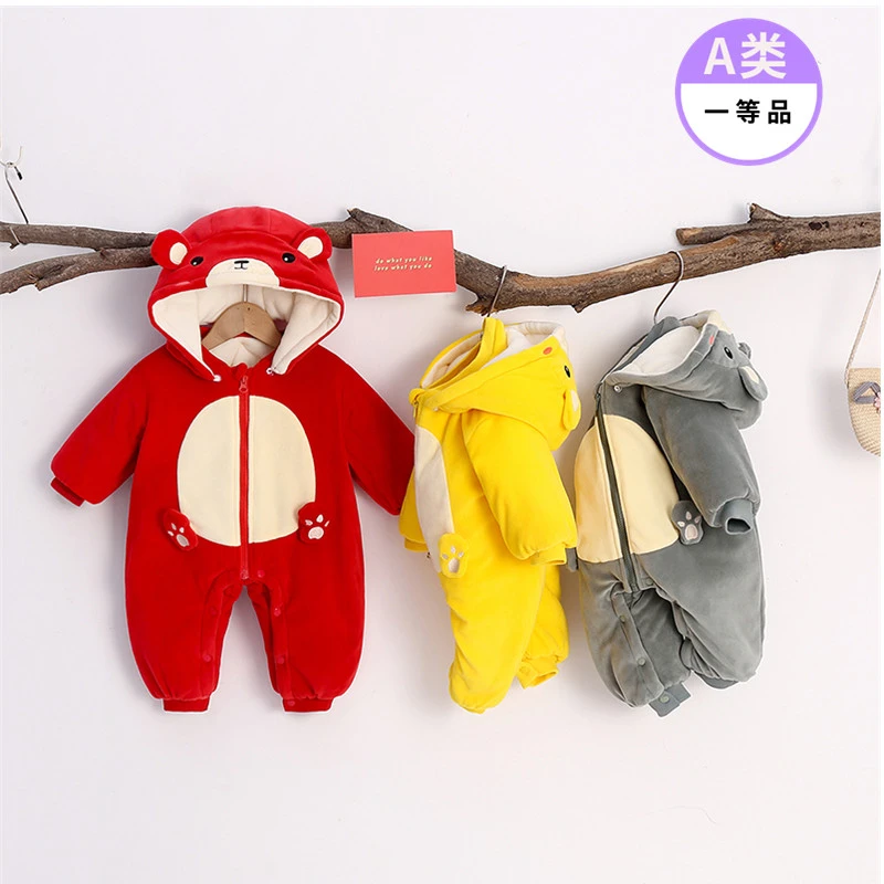 婴儿宝宝连体衣加绒加厚秋冬冬季幼儿连帽保暖冬款可以脱帽