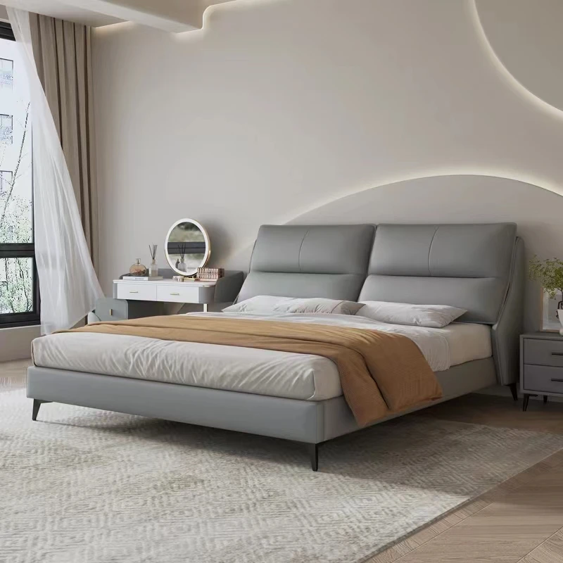 意式极简头层牛皮床1.8米主卧双人床轻奢现代简约 真皮实木软包床