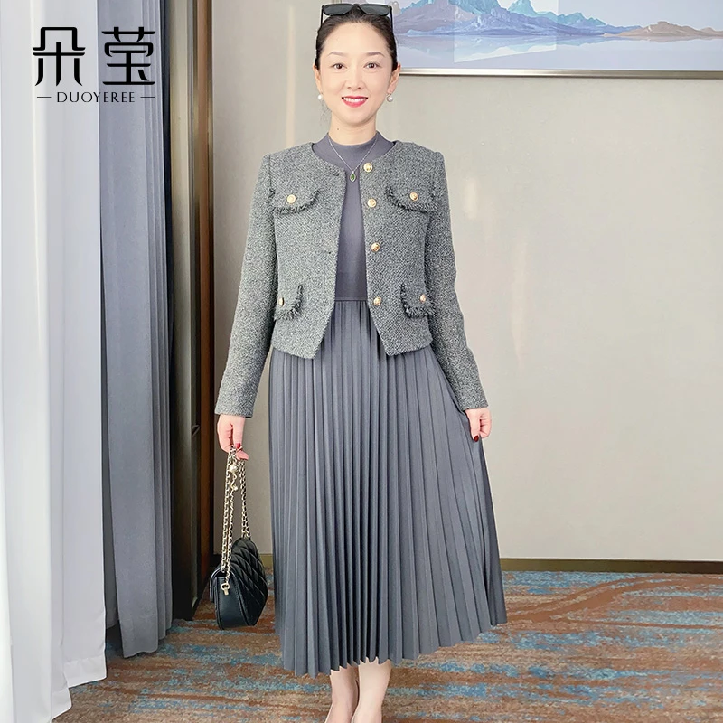 【清仓价格】妈妈秋百褶连衣裙两件套2025新款中年女装洋气长裙套装