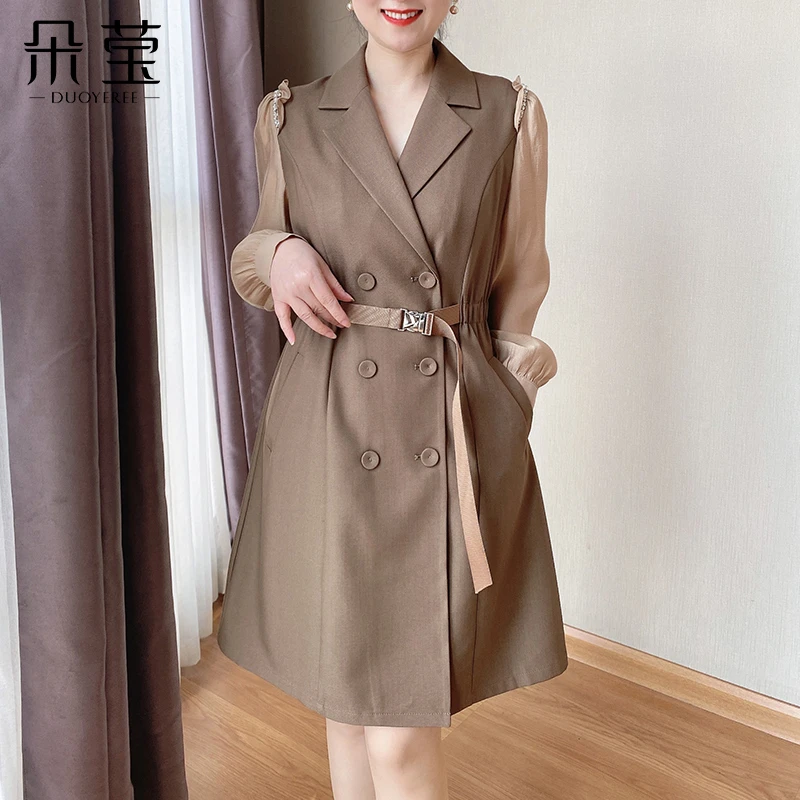 SL春秋新款设计感西装领双排扣收腰连衣裙女假两件FE83039