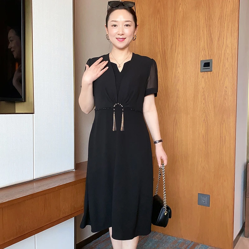 【清仓特价】妈妈夏季连衣裙中年女中老年修身显瘦v领长裙子LW23-15