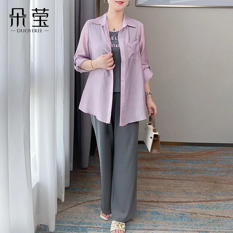 SL秋装洋气三件套装中年女宽松大码衬衫中老年春秋FE53006