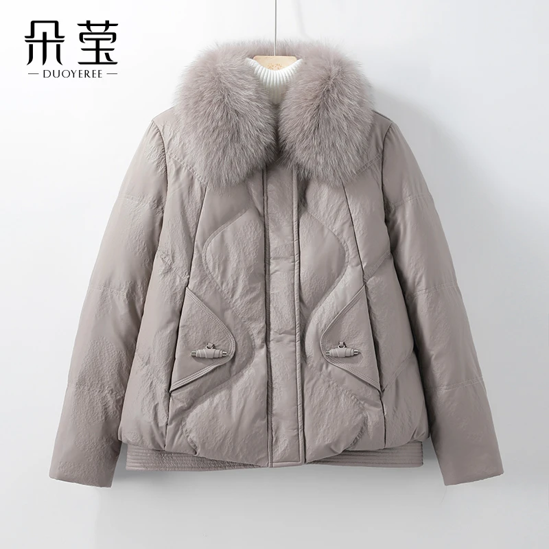 SL中年妈妈装狐狸毛领短款软皮羽绒服2024新款中年女洋气外套保暖