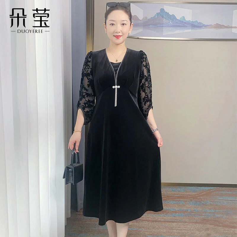 SL气质妈妈秋装金丝绒连衣裙2025新款中老年洋气长裙子AG045