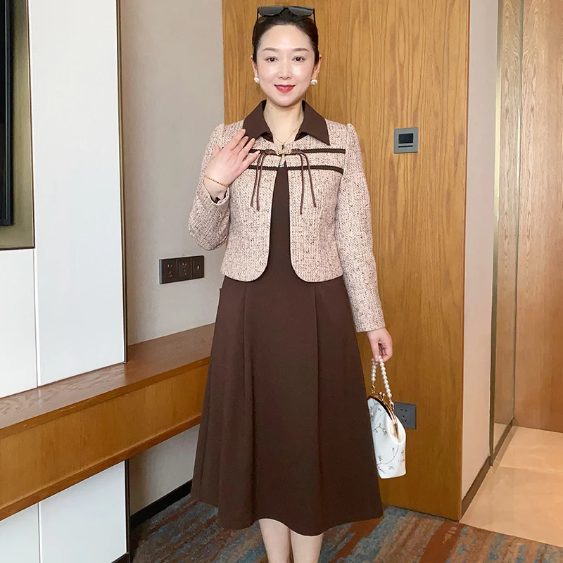 SL年轻妈妈装新款中长款连衣裙两件套短款衣服气质套装裙AG1029