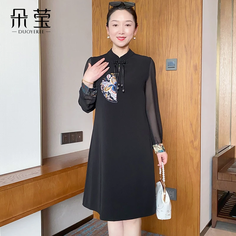 SL时尚妈妈春秋国风绣花连衣裙气质25新款中年女洋气长裙子FT8827