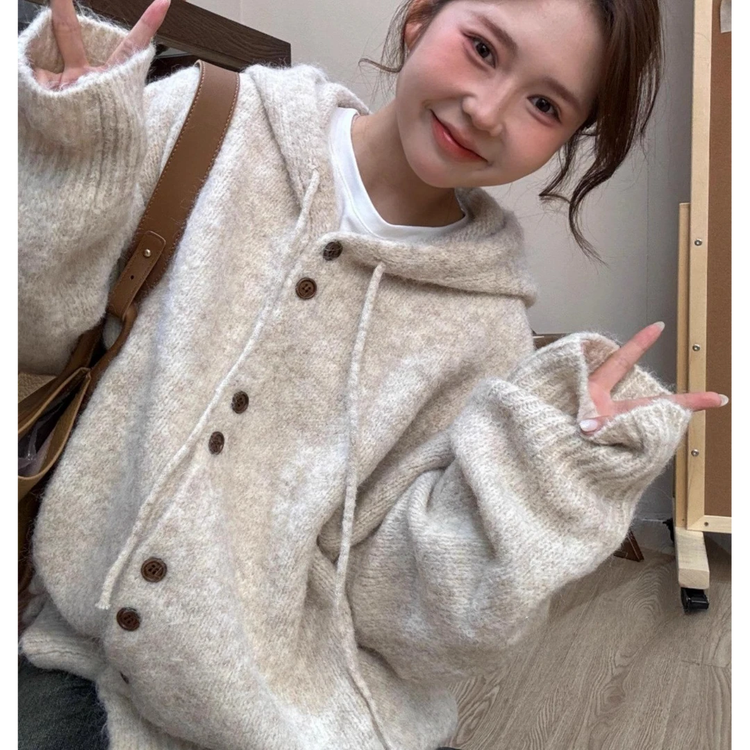 软糯温柔连帽毛衣女韩系秋冬慵懒风加厚连帽针织开衫宽松上衣外套