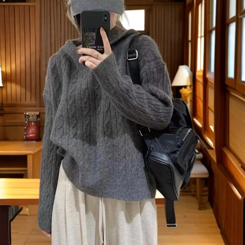 纯色学院风软糯毛衣外套宽松休闲连帽卫衣简约百搭针织打底衫内搭