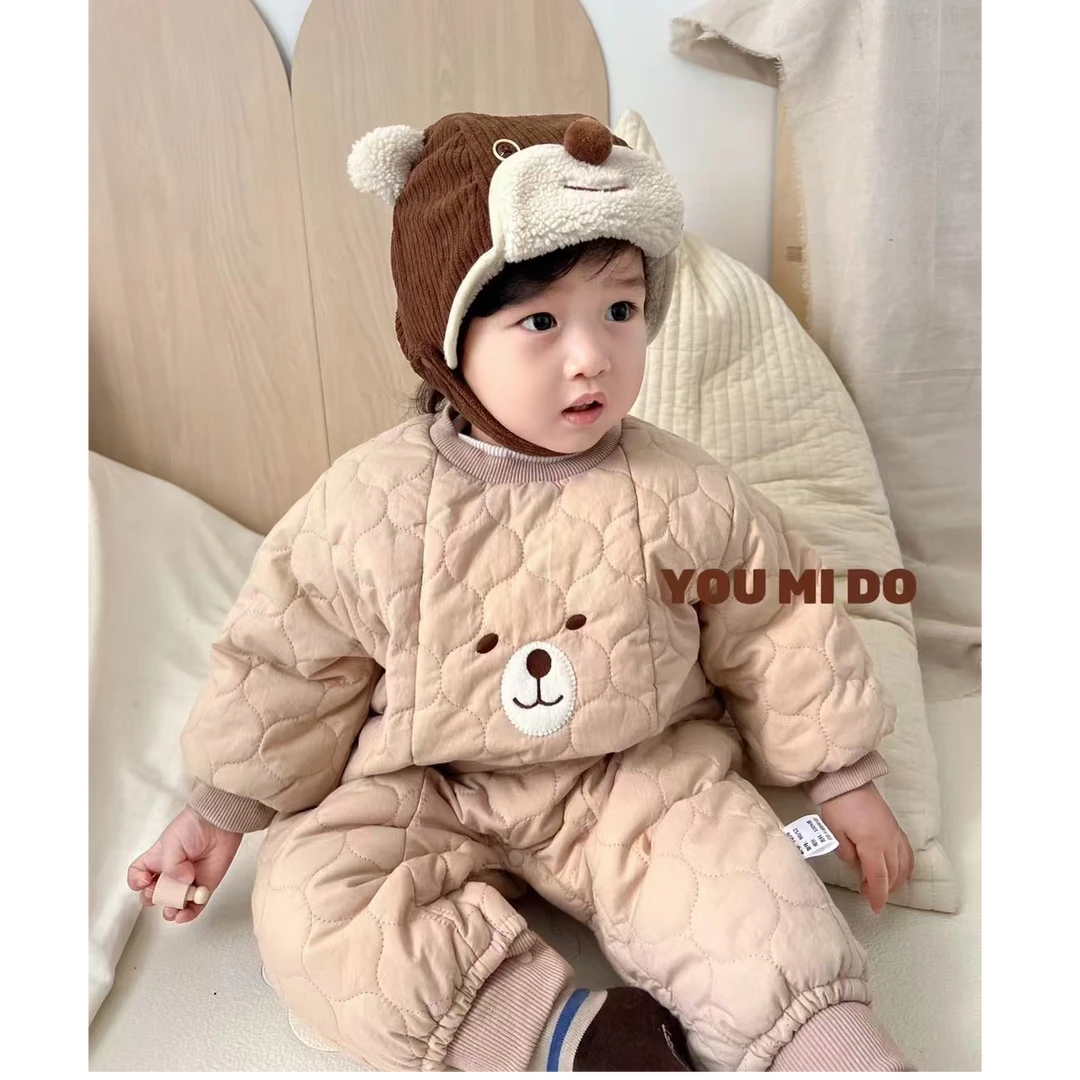 夹棉连爬单排扣哈衣婴儿加厚儿童卡通风爬服睡衣棉衣女宝冬爬服