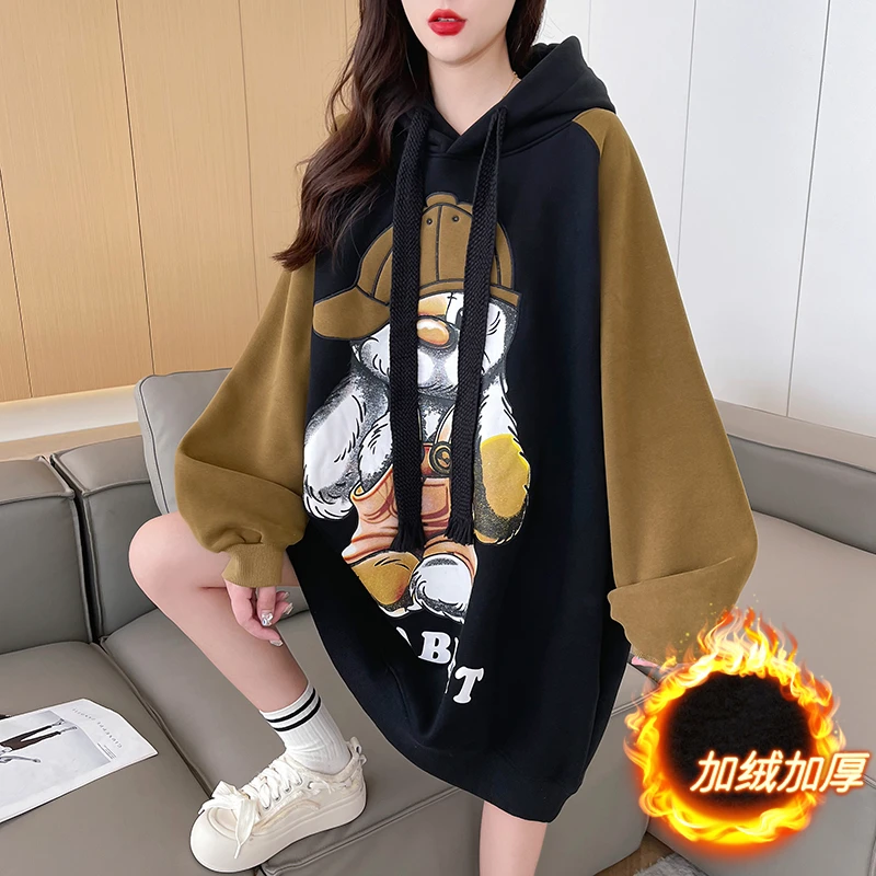 孕妇装秋冬季加绒加厚连帽卫衣女装中长款卡通印花拼接色宽松休闲