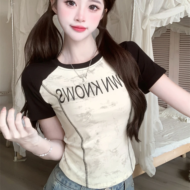 大码夏季字母印花扎染正肩短袖T恤胖妹妹美式复古撞色百搭时尚T恤