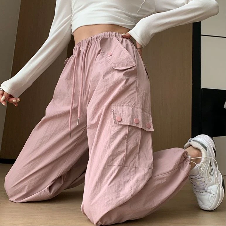 150小个子粉色工装裤女夏季薄款束脚休闲裤显高宽松高腰百搭韩版