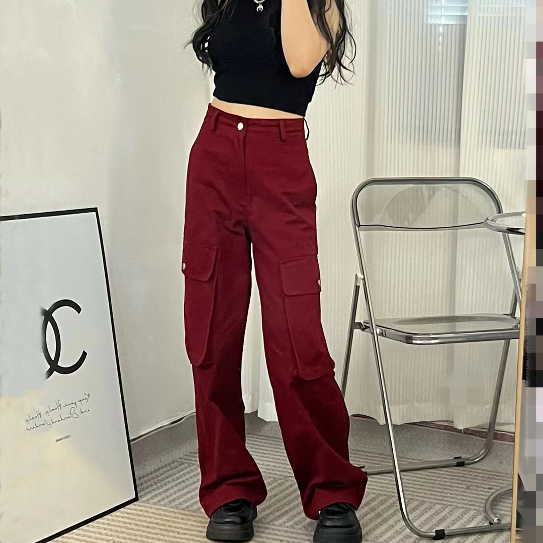 小个子红色美式工装裤女新款辣妹多口袋休闲宽松阔腿裤子春秋显瘦