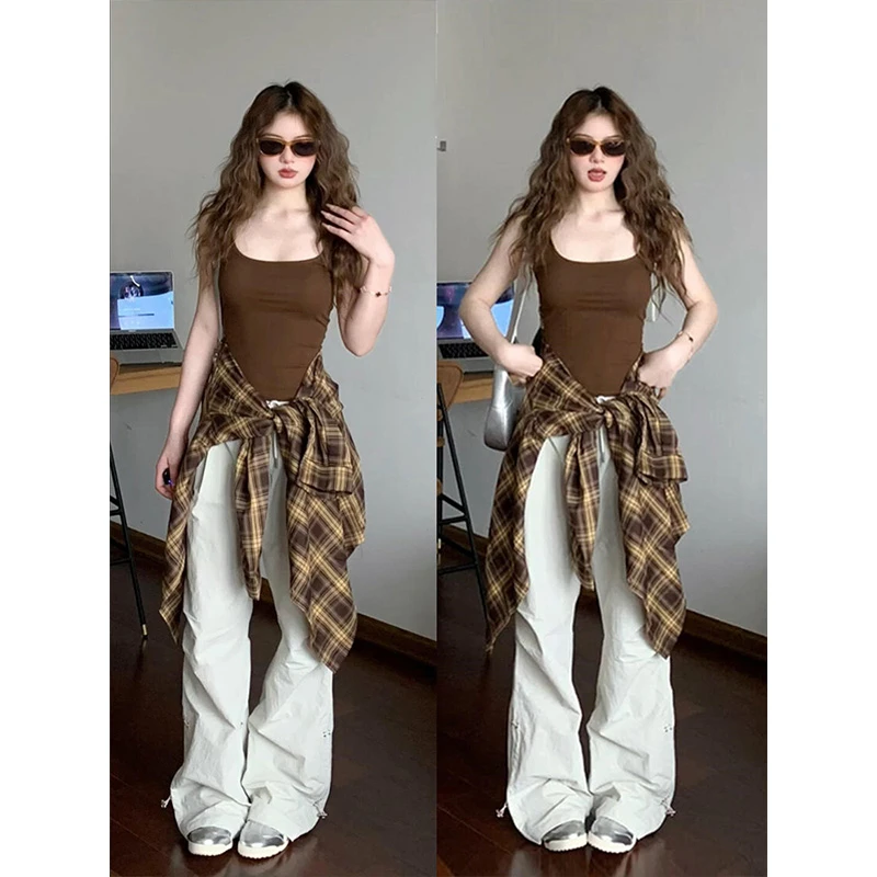 CST美式纯欲辣妹咖色打底背心女夏季修身外穿显瘦内搭吊带短上衣