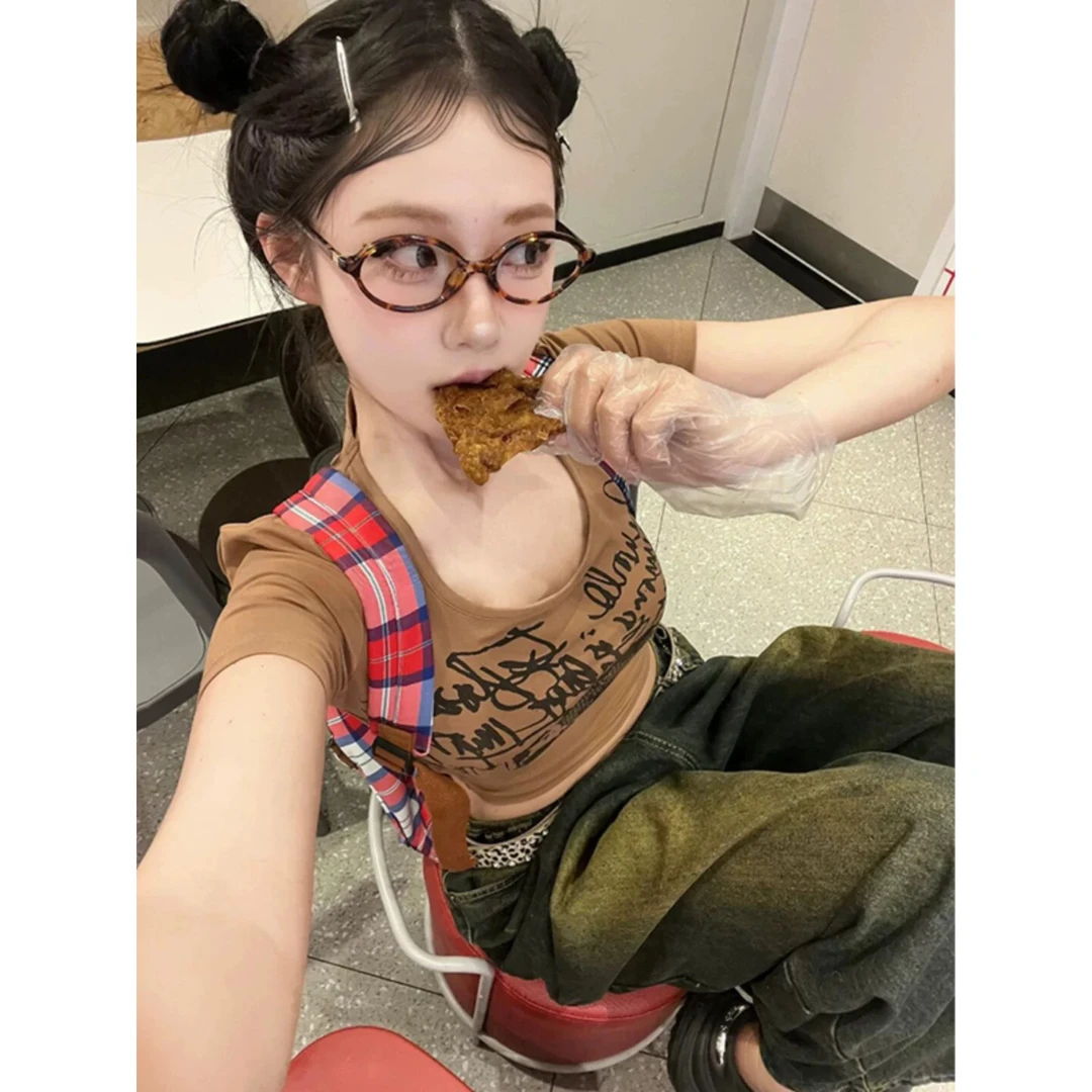 CST美式高街摩卡棕U领短袖t恤女夏修身大领口设计感小众辣妹上衣