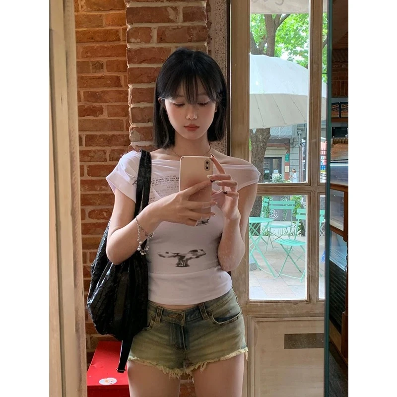 CST美式斜肩短袖t恤女夏季设计感辣妹别致修身显瘦短袖一字肩上衣