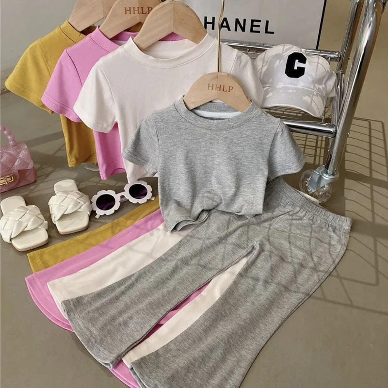 女童短袖裤子套装韩版女宝宝莫代尔休闲两件套童装薄款T恤微喇裤