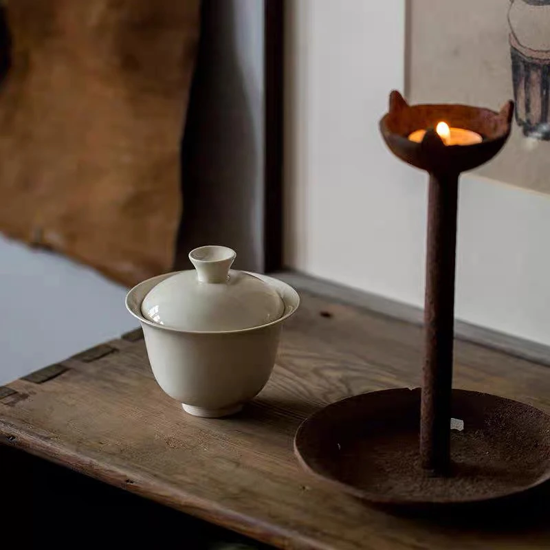 微瑕，失圆，草木灰古泥云舒盖碗仿宋高足手抓功夫茶具泡茶碗120cc