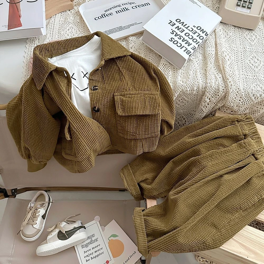 男童春秋套装韩版帅气男宝宝春装时尚洋气痞帅条绒开衫儿童两件套