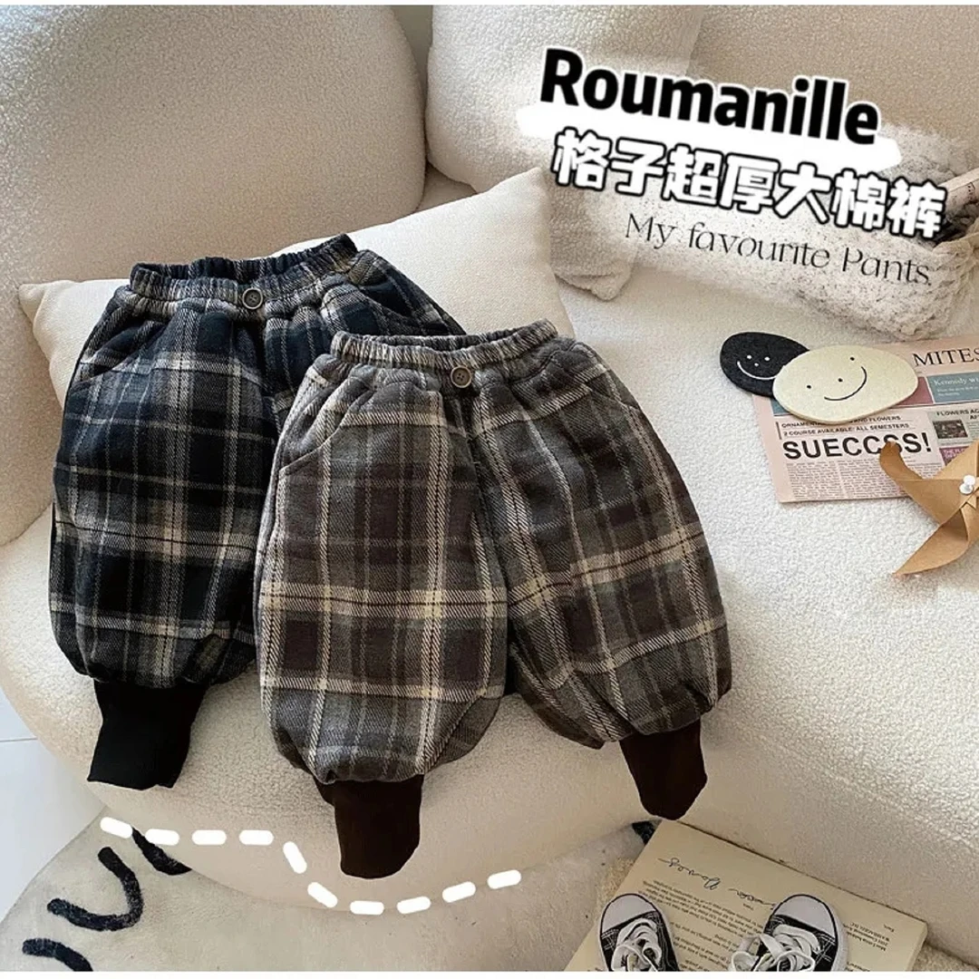 儿童裤子男童冬季加绒加厚女童一条过冬三层宝宝格子棉裤小童保暖