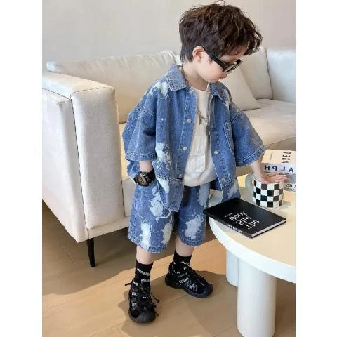 儿童牛仔套装2024新款夏季男孩时髦韩版外套中小童洋气痞帅两件套