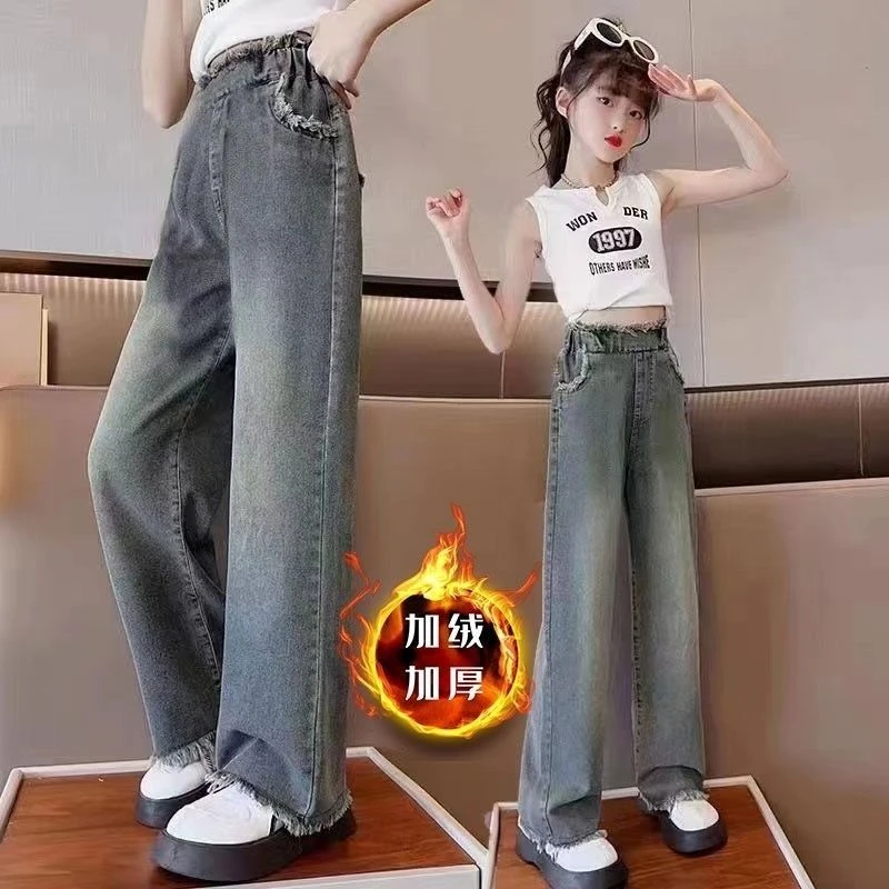 中大童女童冬季一体绒牛仔裤加绒加厚公主风外穿时尚保暖棉裤冬装