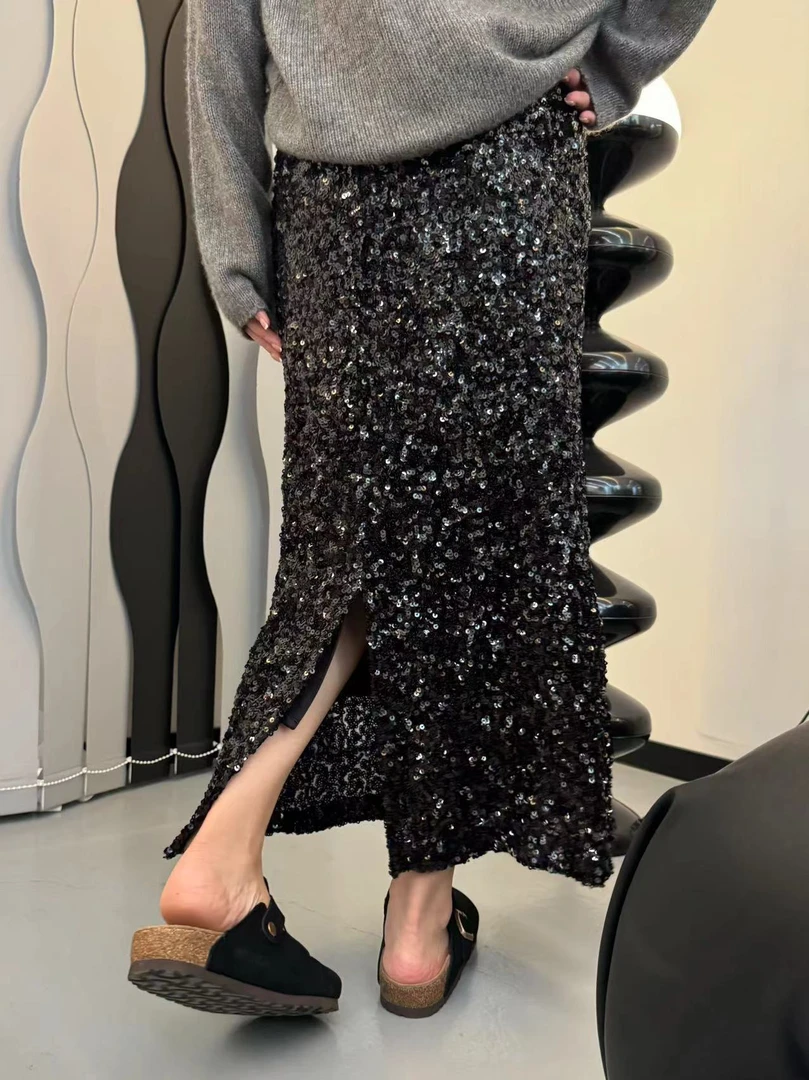 特价不退换【闪亮登场】松紧腰秋季时尚闪闪大亮片后开叉秋季半身裙