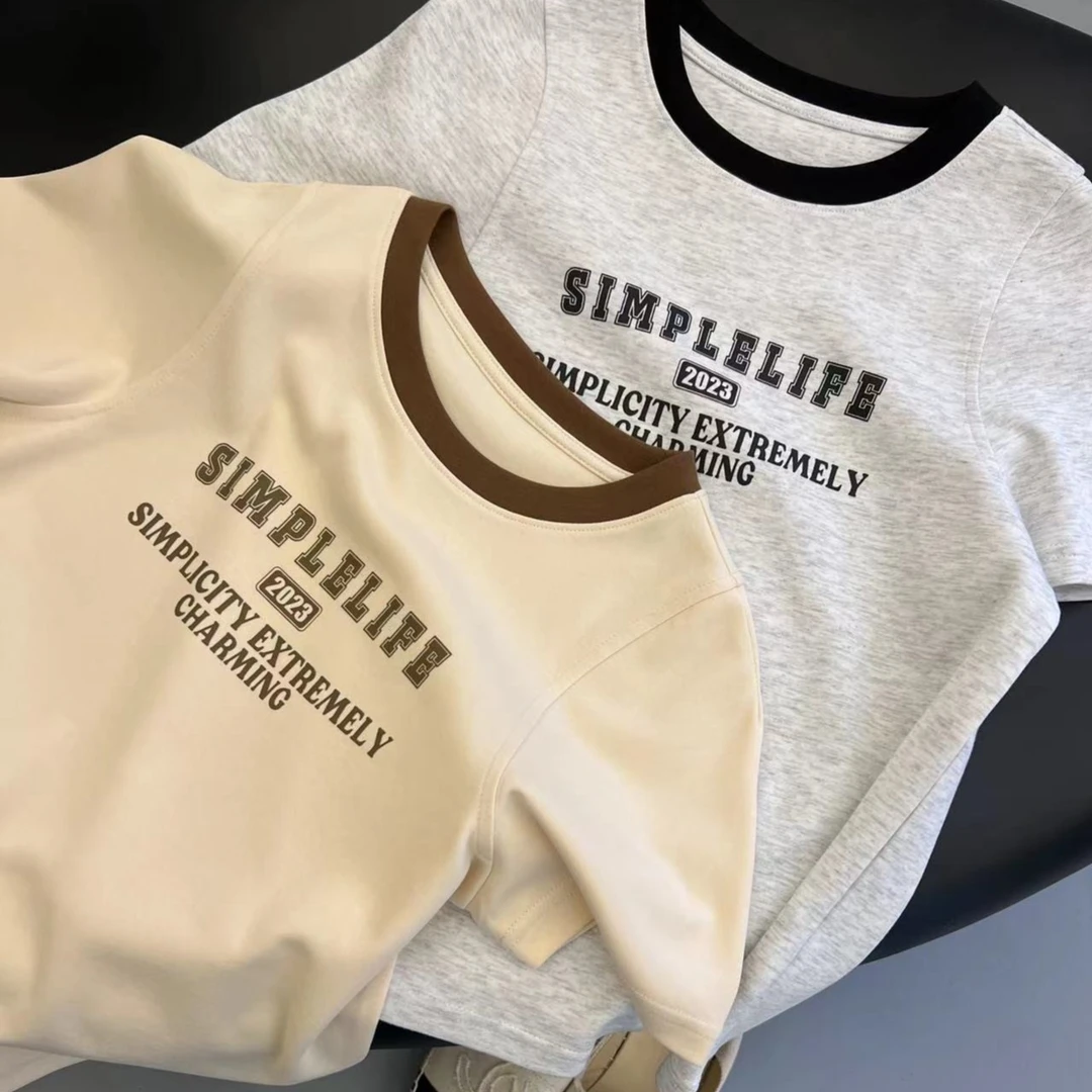 特价不退换！ 佳宁自制【淡香奶油】撞色百搭印花两色短袖T夏季