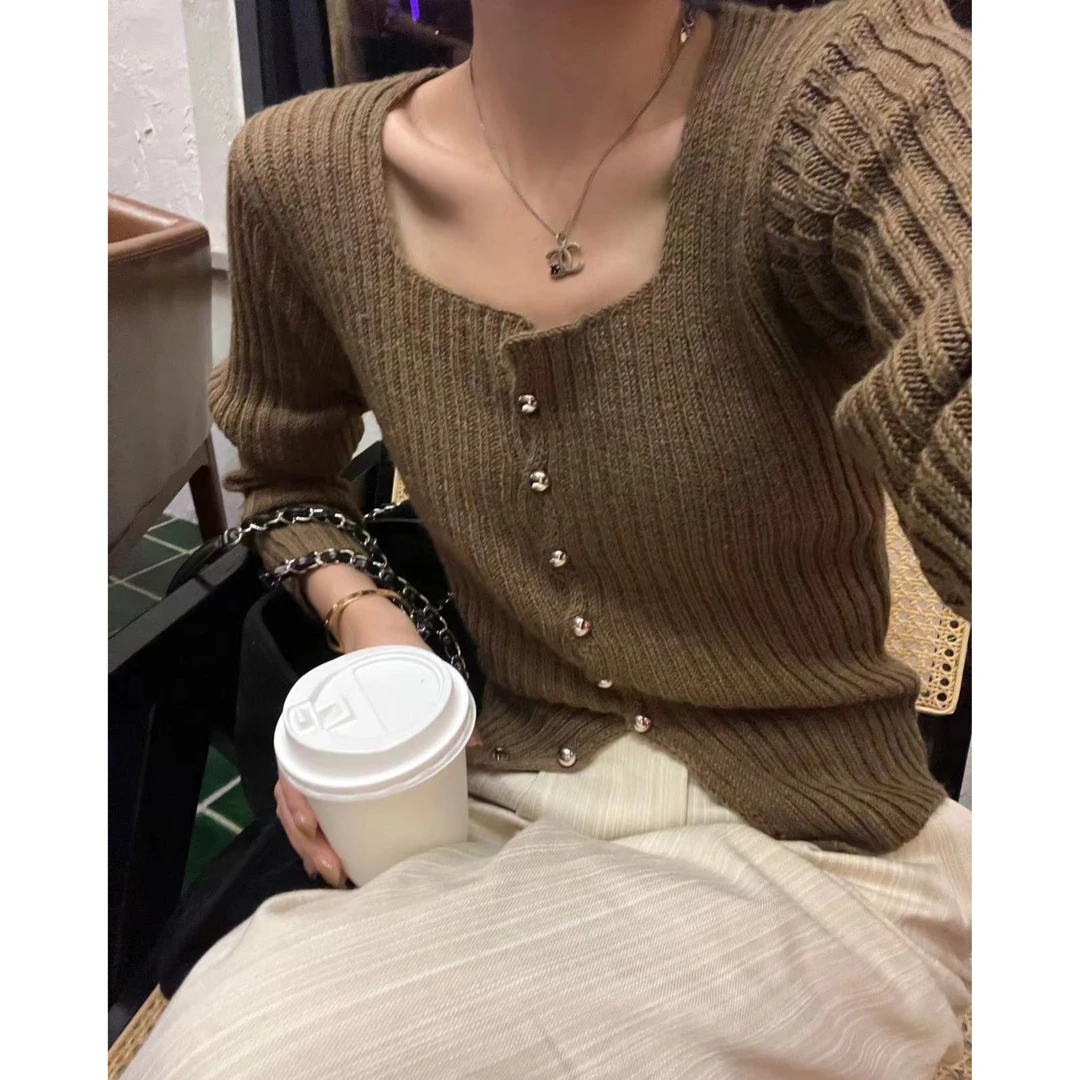 不退不换！！初秋针织气质方领韩版显瘦开衫