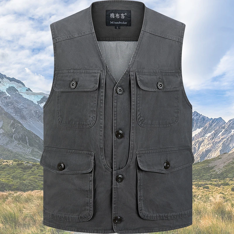 中老年男士春秋钓鱼多口袋纯棉马甲爸爸宽松大码背心爷爷纽扣坎肩