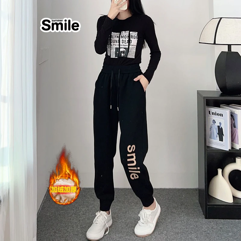 summer smile潮牌情侣卫裤女运动裤女加绒直筒裤束脚裤针织打底裤